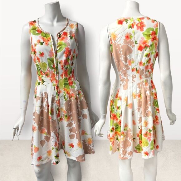 Betsey Johnson Floral Falling Leaf Zip Front Dress 50’s Fit n Flare Bones Sz 6 - Picture 1 of 8